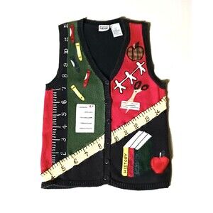 VTG 90s Teacher Knit Sweater Vest Navy/Red/Green Applique Fits Sz Small